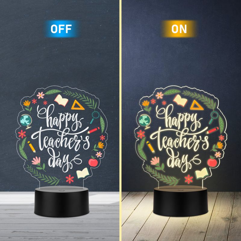 Happy Teacher's Day 3D LED Acrylic Night Lamp Tabletop Gift for Teachers, Mentors & Educators - Unique Appreciation Decorative Light for Classroom  Warm White Light & USB Powered